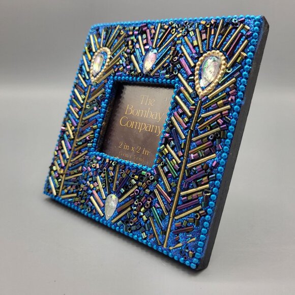 Beaded Peacock Design Picture Frame The Bombay Company for Photo 2"x2" - Picture 3 of 10